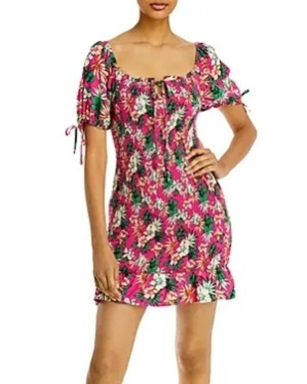 LOST + WANDER Seaside Breeze Mini Dress Pink Floral Smocked Puff Sleeve Large